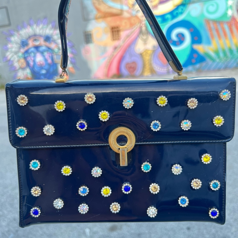 Vintage 1950's Blue Patent Top Handle Purse Pre-Owned Art Deco Gogo Hand Bag